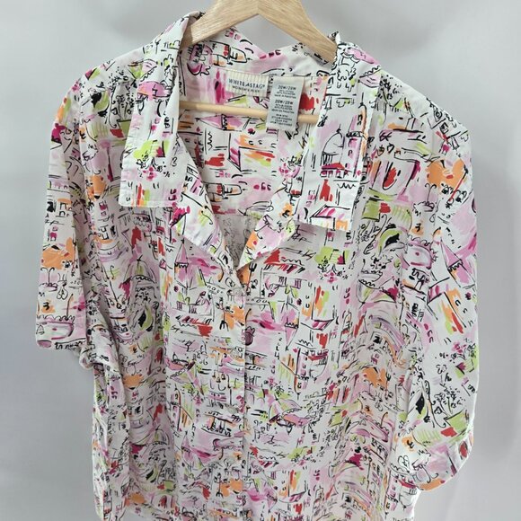 Vintage White Stag Plus White Abstract Cafe Town Button Up Shirt Size 26W/28W - Picture 3 of 12
